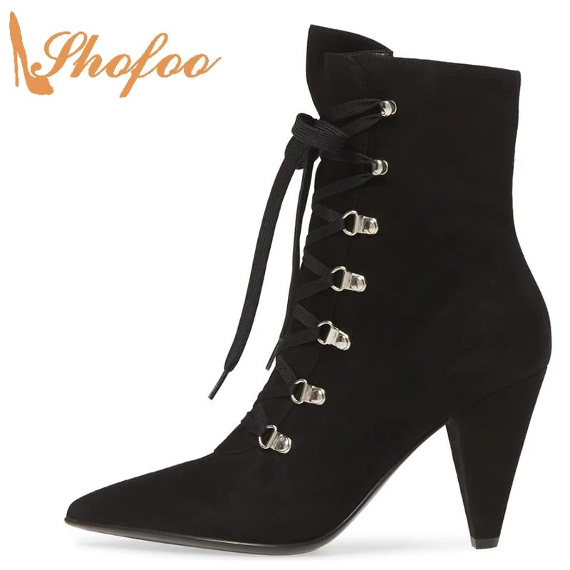 Ботильоны женские из флока на высоком каблуке заостренный носок шнуровке