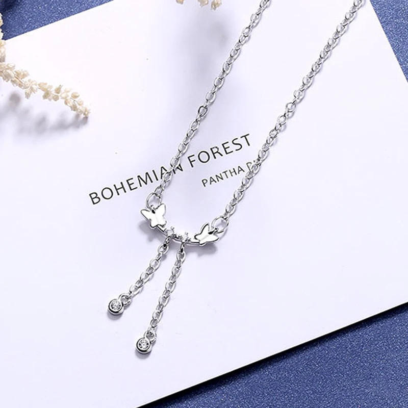 

Korean Women Butterly Tassel Necklaces with CZ Zircon Stone 925 Sterling Silver Short Chokers Necklaces for Students collares