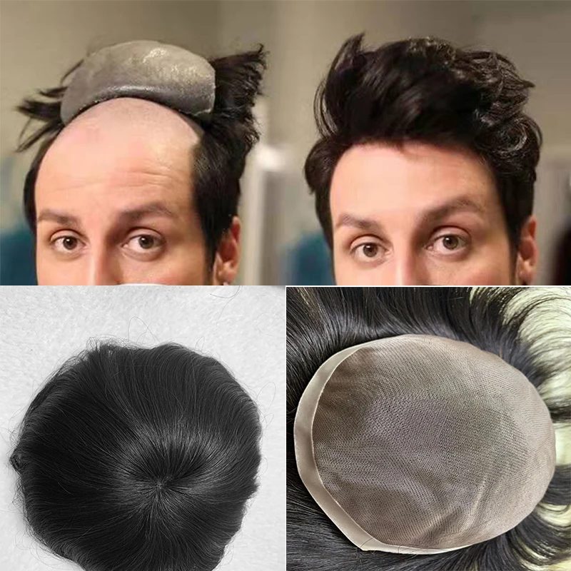 6*8 7*9 Toupee Men Hair Replacement System Unit Mono & Pu Human Hair Toupee Natural Hairline Male Wig Hair Prosthesis