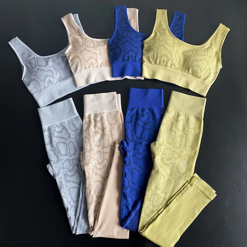 

Женский комплект для фитнеса и йоги, бесшовные спортивные костюмы со змеиным принтом, спортивные штаны, спортивная одежда, бюстгальтер для ...