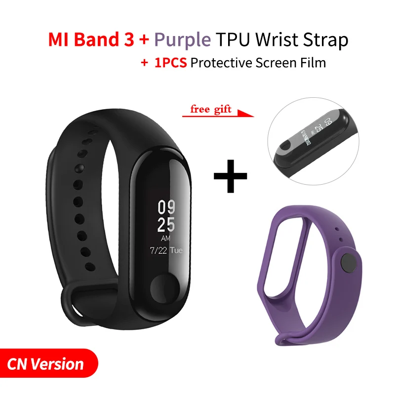 Add Purple Strap Xiaomi Mi-браслет 3, умный Браслет, фитнес-браслет, сенсорный экран, OLED, частота сердечных сокращений, смарт-браслет, глобальная версия - Цвет: Add Purple Strap