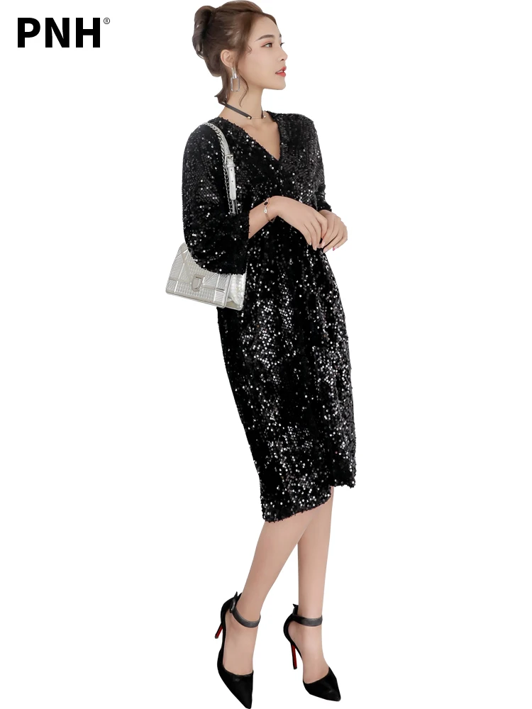 

Black Sequin Dress Women's 2021 New Autumn Medium Length Sexy Loose Large Casual Lady