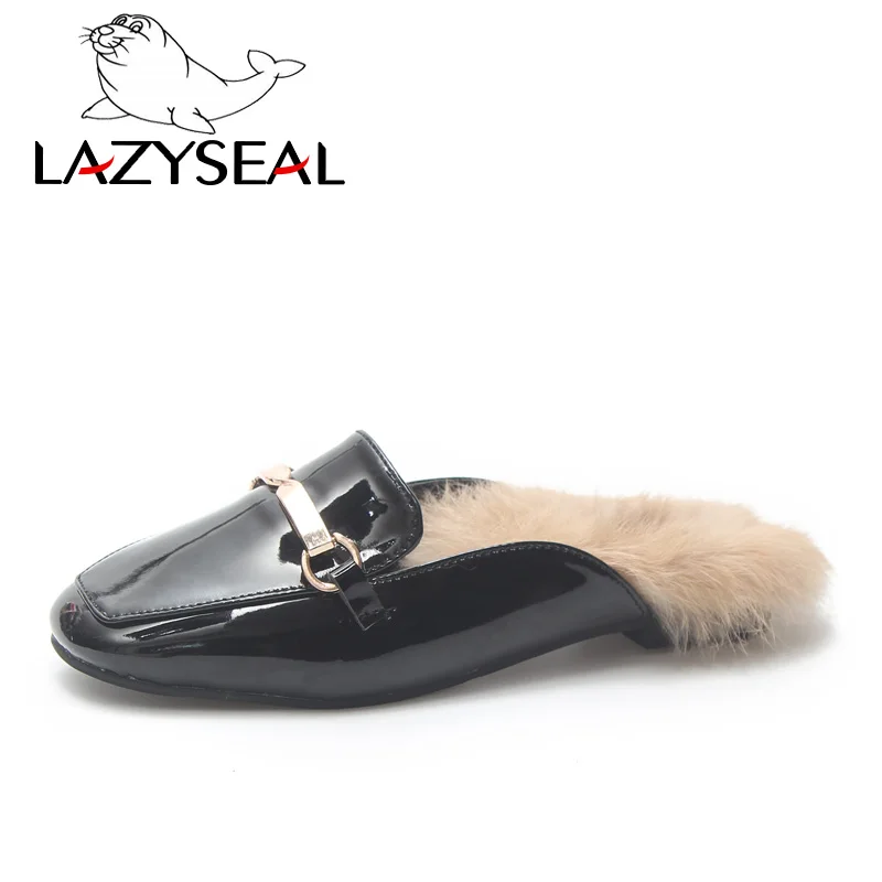 LazySeal туфли без задника с натуральным мехом; женские тапочки с квадратным носом; женские Вьетнамки; женские пушистые шлепанцы; Pantuflas Mujer - Цвет: Black-2(With buckle)