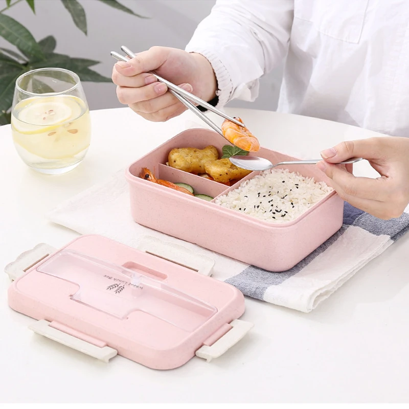 

Lunch Box Microwave Food Storage Container with Spoon Chopsticks Wheat Straw Dinnerware Children Kids School Office Bento Box
