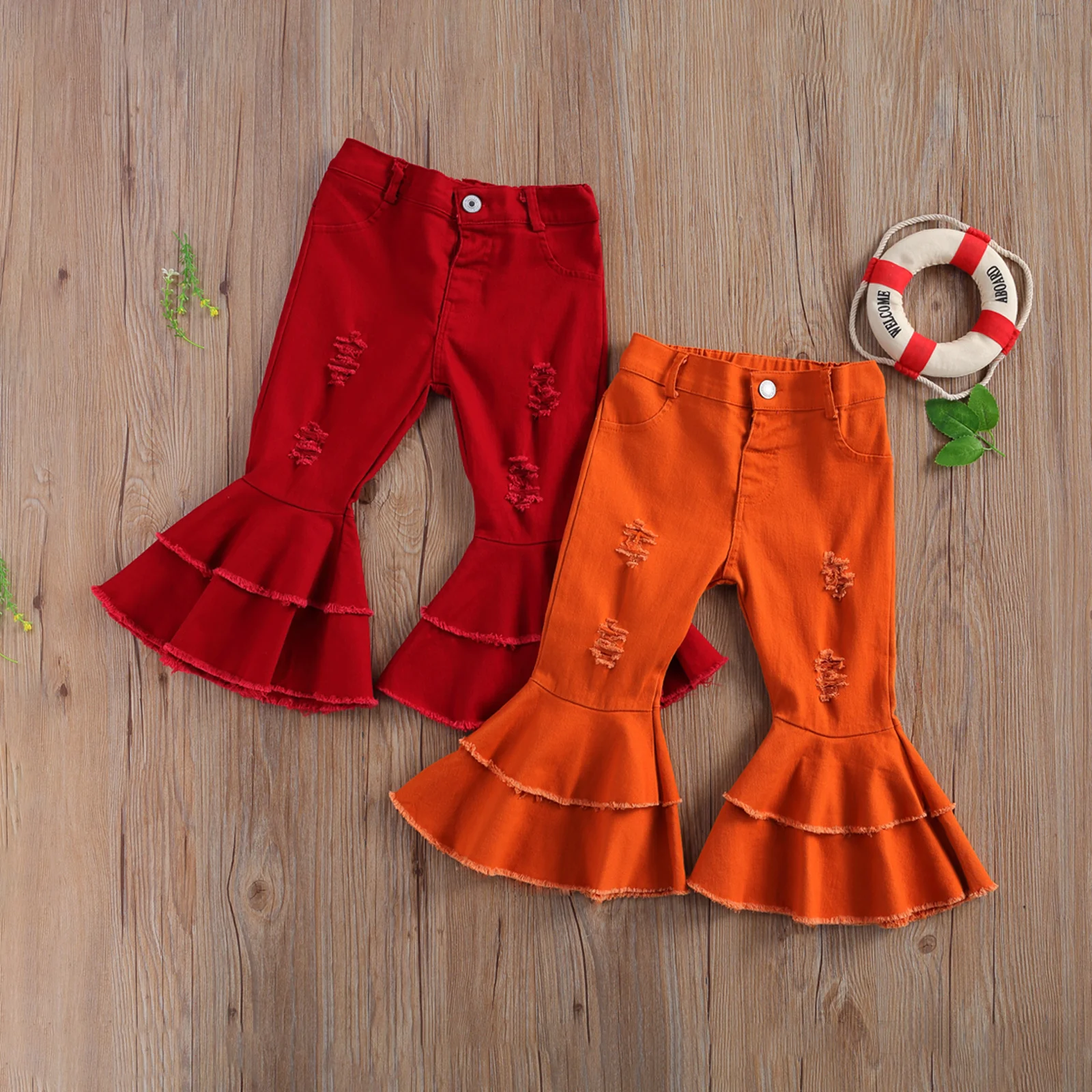 

pudcoco 2-7 Years Kids Flared Jeans, Solid Color High Waist Pants Ripped Trousers Close-Fitting Pants for Girls, Red/Orange