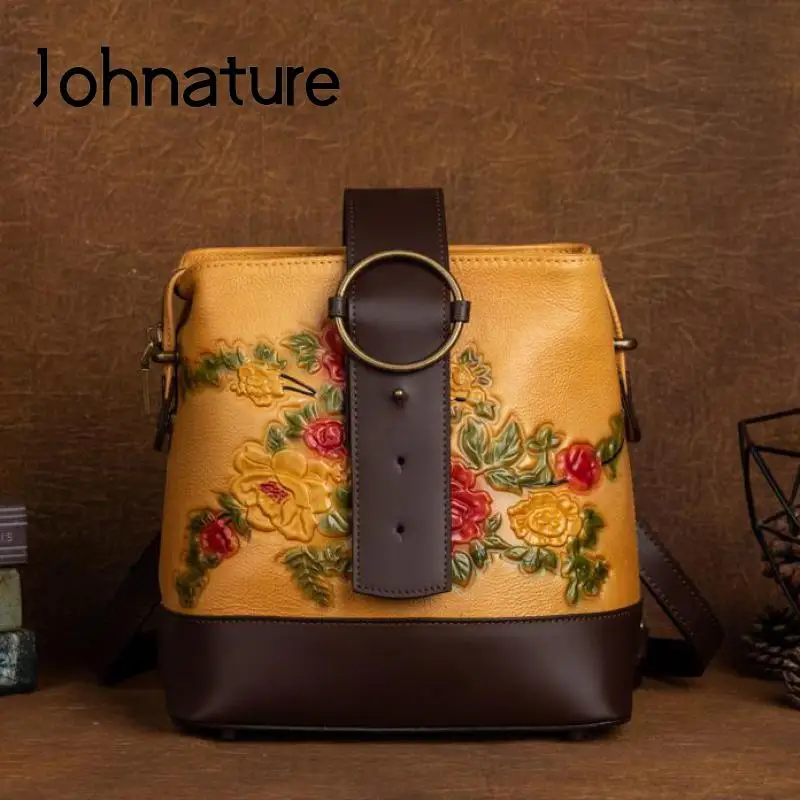 

Женский многофункциональный рюкзак из натуральной воловьей кожи Johnature, рельефная сумка через плечо в стиле ретро для отдыха, маленькие рюкзаки