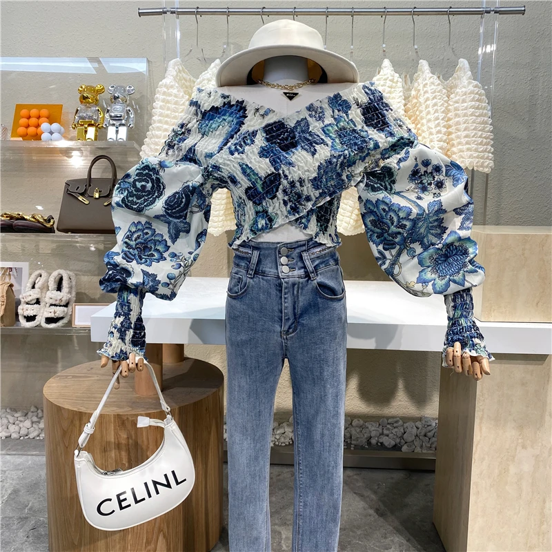 

Women's Summer Autumn Cross V Neck Off Shoulder Blouse High Street Vintage Lantern Sleeve Crop Blouse Shirt Ladies Floral Shirt