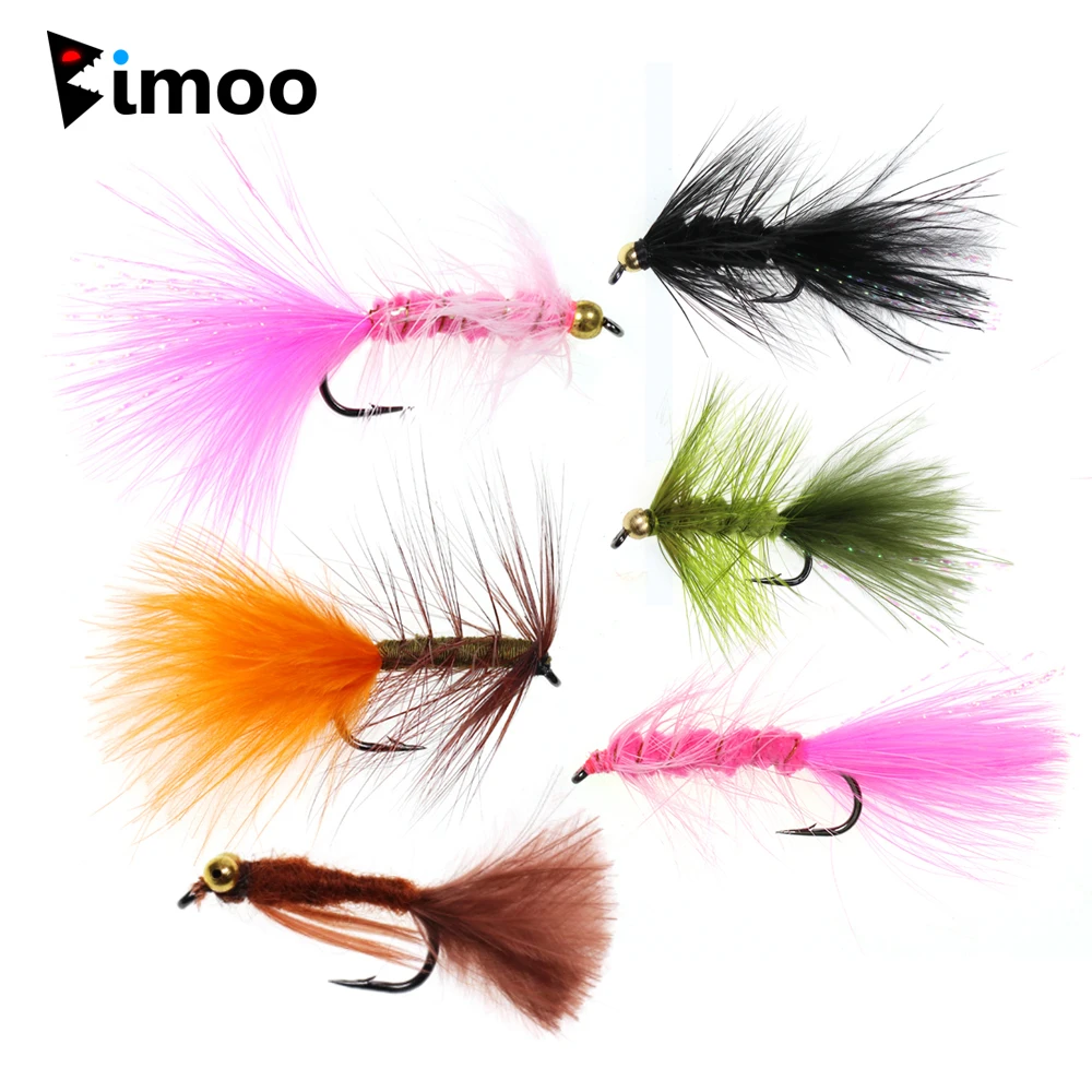 

Bimoo 6pcs #4 - #10 Woolly Bugger Streamers Fly Standard/Brass Head Fishing Flies Bass Trout Fishing Lure Bait Pink Orange Olive