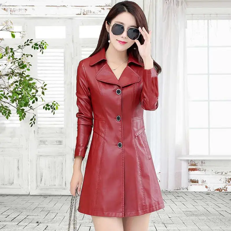 

6XL Women's Fashion Autumn Thin Leather Jacket 2019 New Black Red Long Slim Motorcycle Leather Jackets Plus Size Female coat 4XL