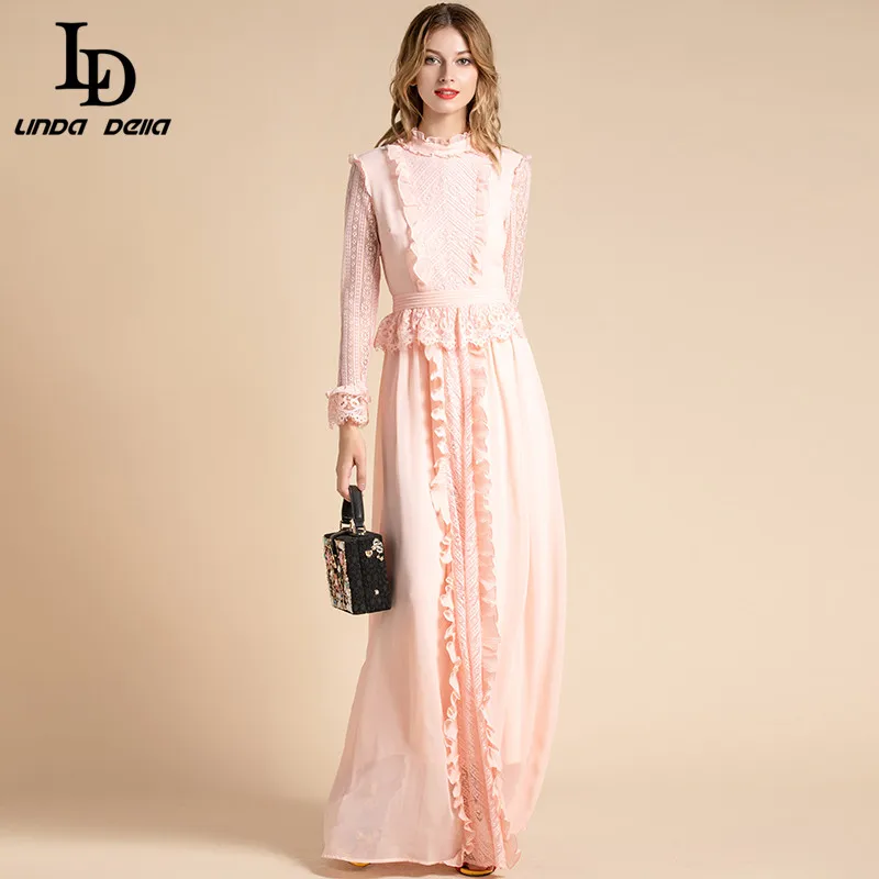 

Женское шифоновое платье LD LINDA DELLA, однотонное розовое длинное платье с длинным рукавом, цветочным кружевом и Пеплум с оборками, вечернее пла...