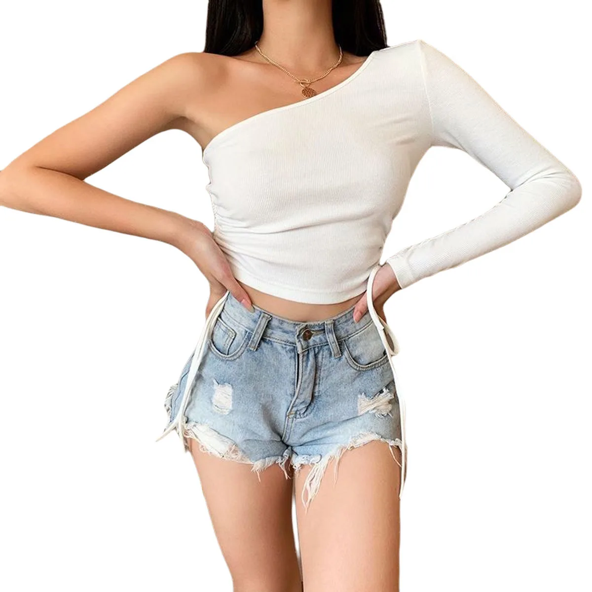 Женская сексуальная Однотонная футболка с открытым животом плиссированная