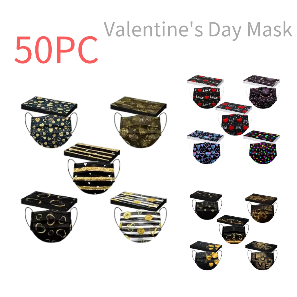 

50PC Women Black Mask Valentine's Day Adult Men Mascarillas Negras Fashion Heart Printed Designer Mask Masque Halloween Cosplay