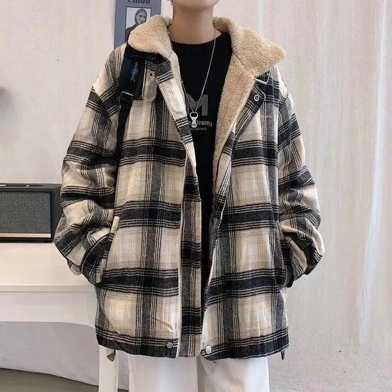 

Lamb Velvet Plaid Jacket Men's 2021 New Winter Cotton Jacket Plus Velvet Thickening Tide Brand Eei Hong Kong Style Winter Wear