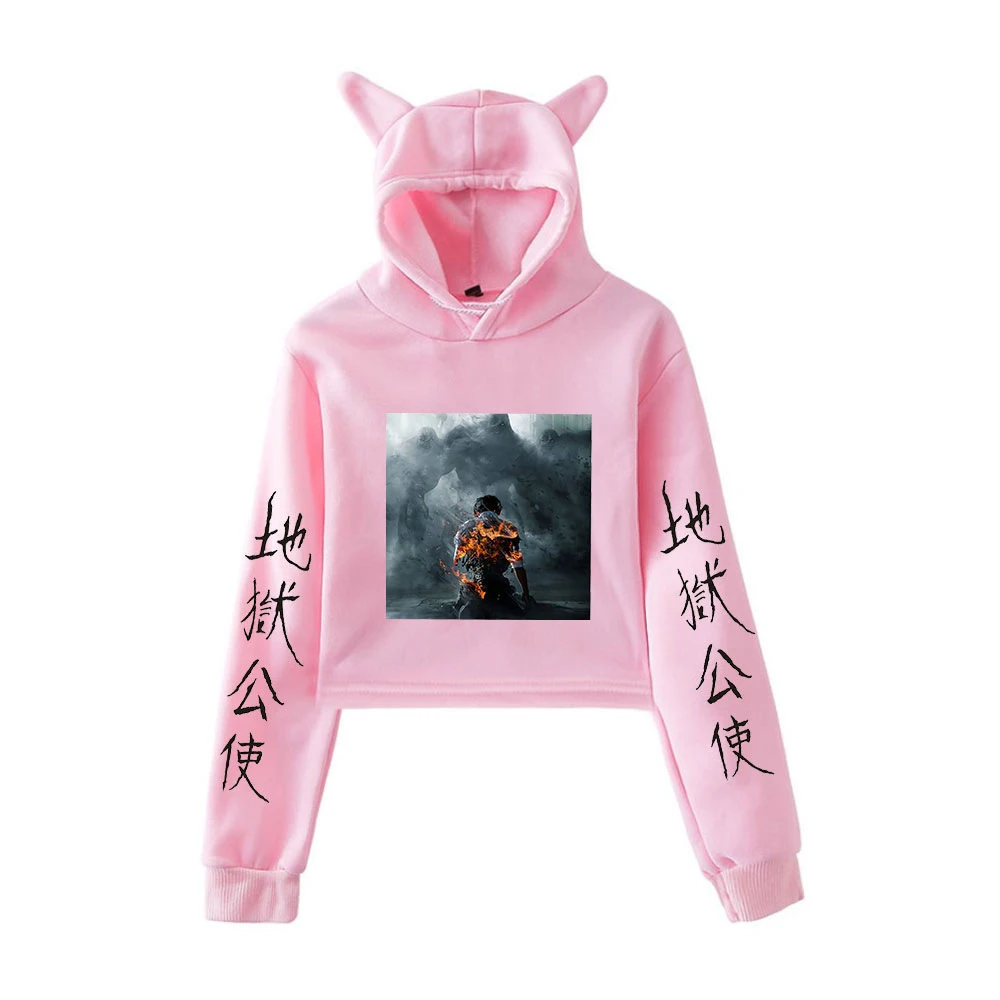 

Print Hellbound Cat Ear Hoodies Cat Crop Top Long Sleeve Streetwear Tops Women Casual Sweatshirt Girls Harajuku Hellbound Hoodie