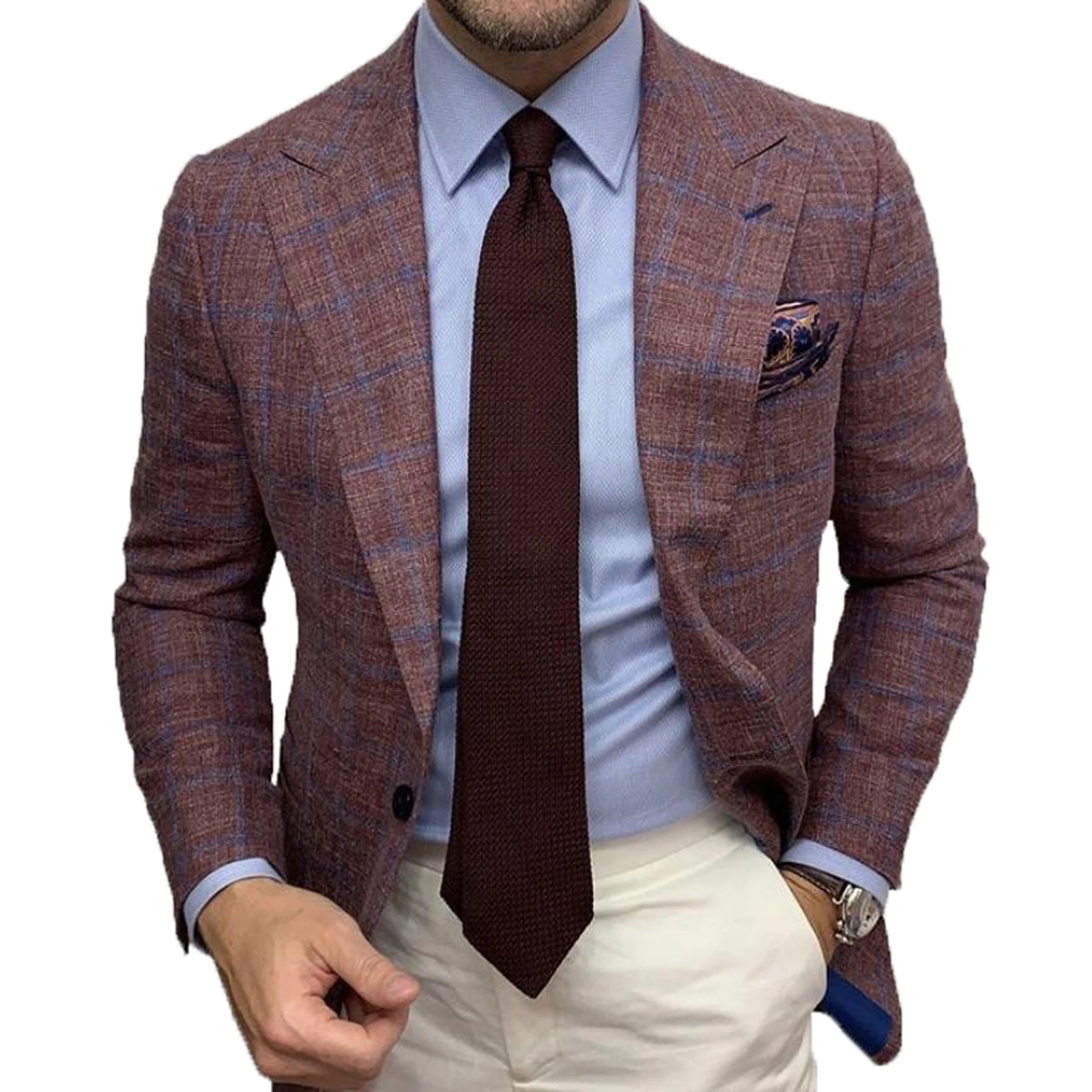 

Plaid Printed Red Blazer Men Casual Button Wedding Dress Masculino Slim Fit Formal Veste Costume Business Mens Blazer Jacket