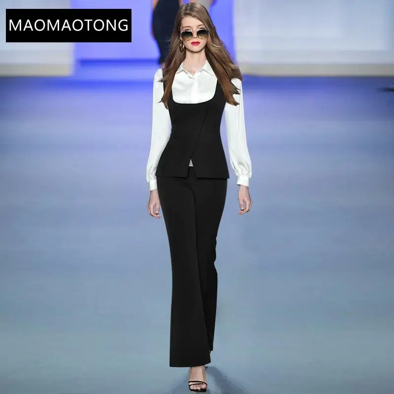 

Fashion Designer Autumn Pants Set Women Casual Long Sleeve Shirts＋Black Vest＋Flare Pants Three Piece Suit