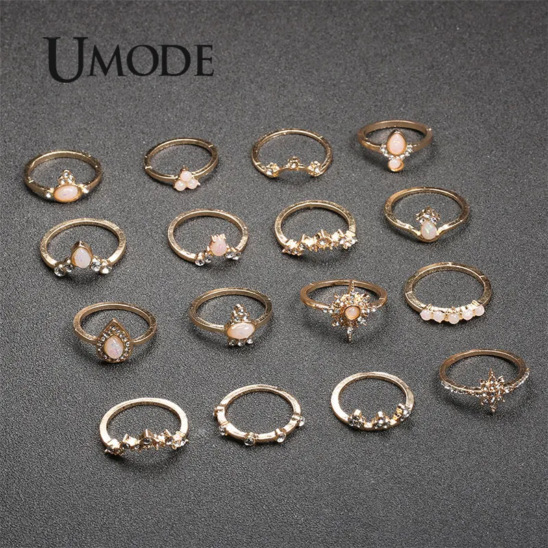 UMODE, золотые кольца для девочек, наборы, 16 шт., кольца для женщин, кольца с камнем в виде капли, кольца с короной, опал, модные ювелирные изделия, Прямая поставка, PR0221