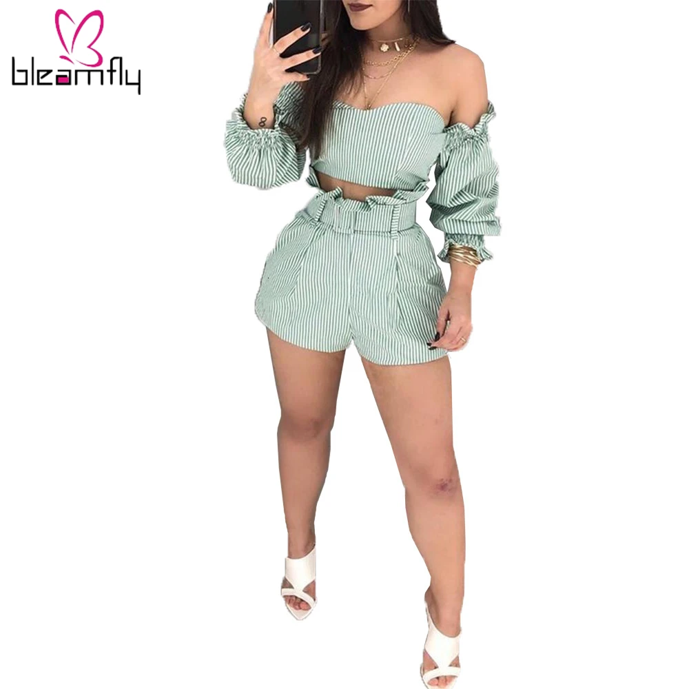 2019 Летняя женская блуза с открытыми плечами и длинным рукавом в полоску принтом