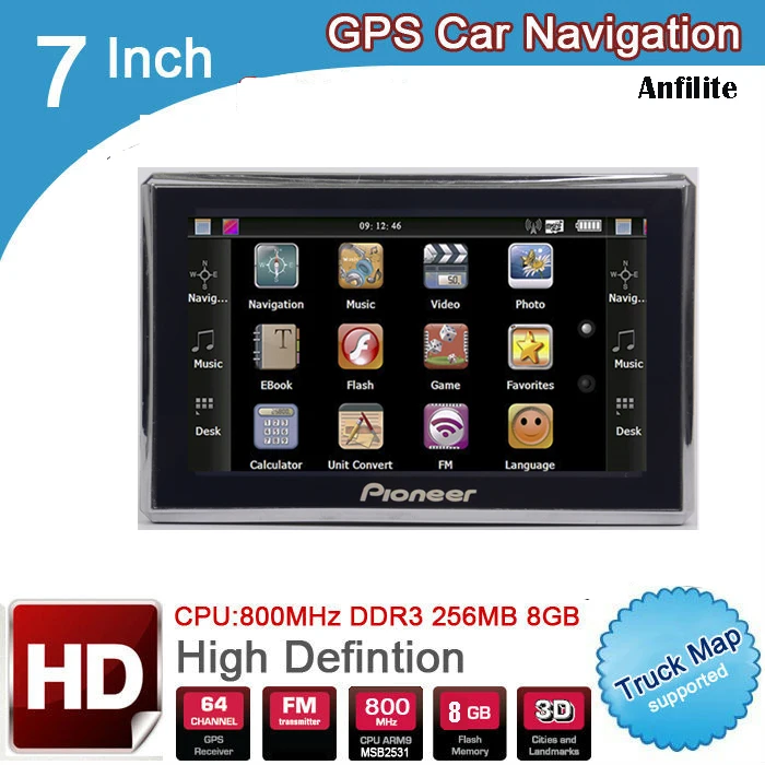 7 дюймов HD Автомобильный GPS навигации 800 м/FM/8 ГБ/DDR 256 м Новый Карты для