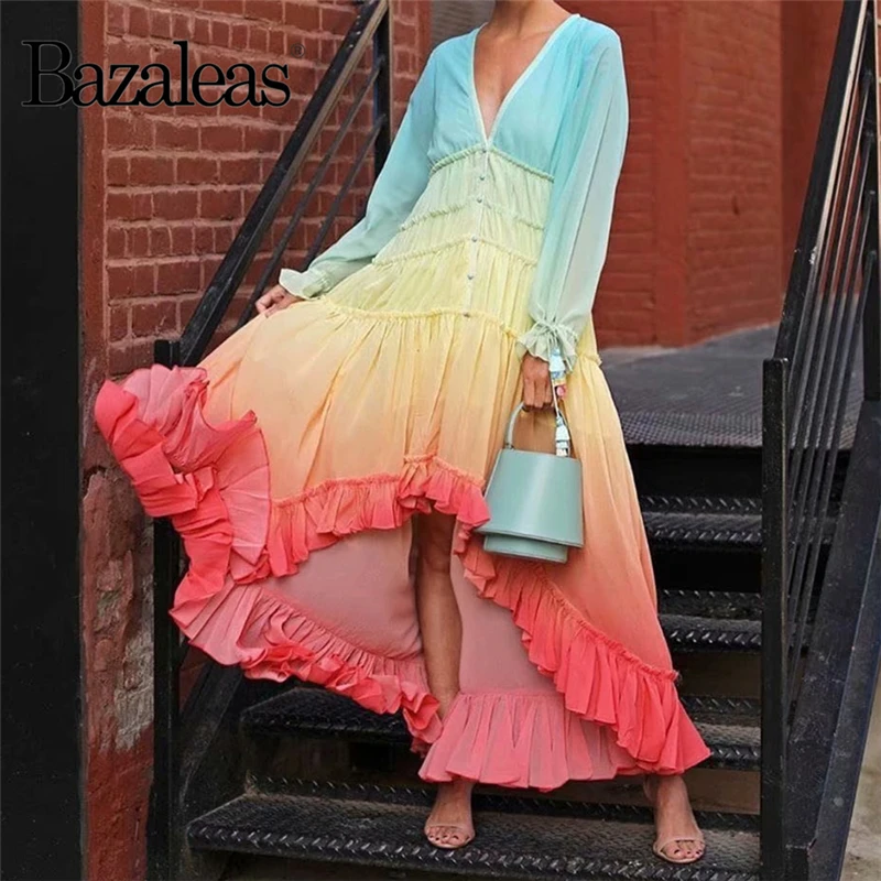 Женское праздничное платье Bazaleas длинное с разноцветными градиентными оборками