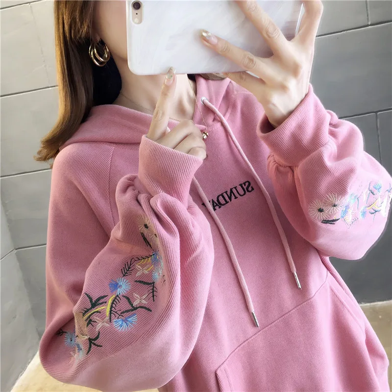 Женская флисовая толстовка с капюшоном свободная хлопковая кофта цветочной