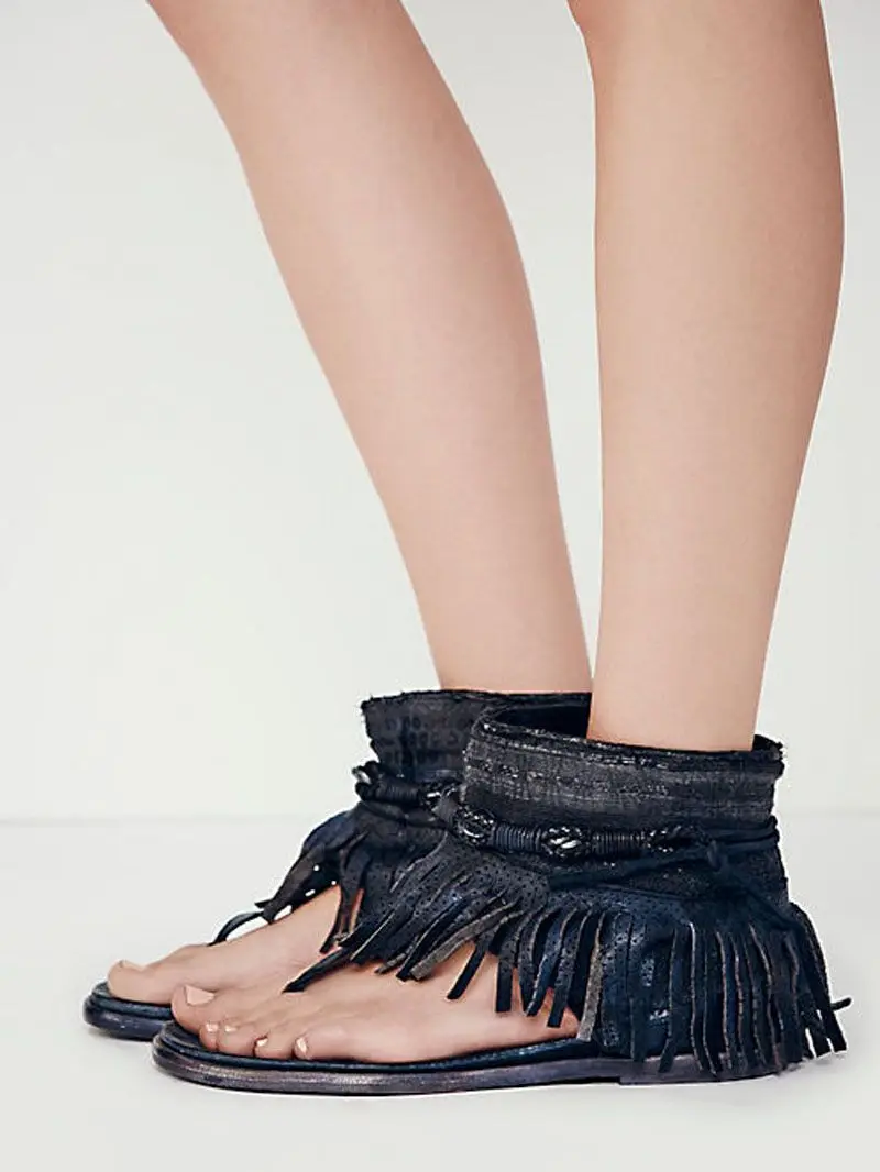 

Girl's Retro Fringed Tassel Thong Toe Ankle Boots Folk Style Beads Decor Strappy Women Vintage Flats Short Bottines Shoes Women