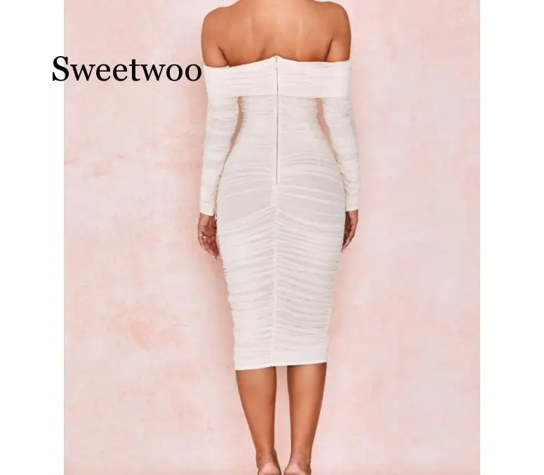 

2020 New Spring Long Sleeve Slash Neck Satin Pleated Sexy Long Dress Autumn Women Solid Party Elegant Streetwear White Black