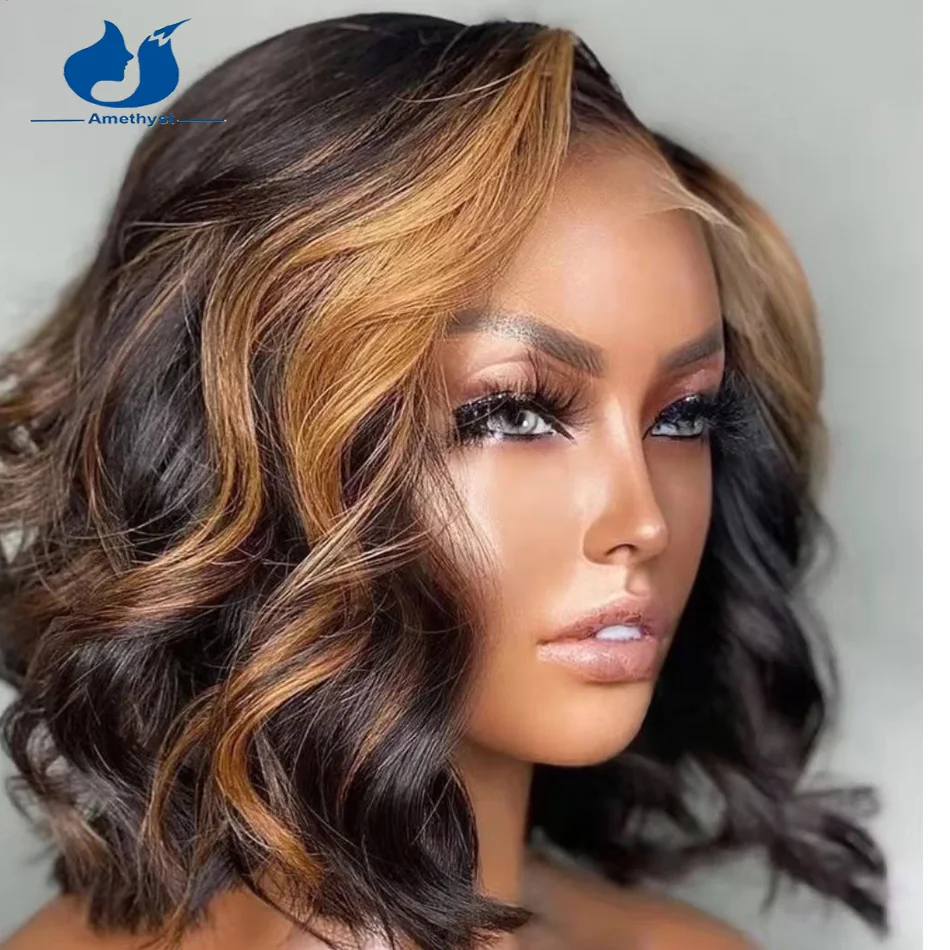 

Аметистовые бразильские человеческие волосы Remy хайлайтер светлые натуральные волнистые кружевные передние парики 5.5X4.5 основная часть из и...