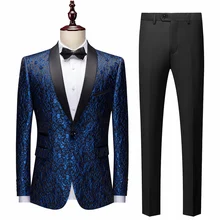 2022 2 piece Floral Jacquard Prom Suits for Men Fashion Clothes Slim fit Groom Wedding Tuxedos Jacket with Black Pants (3)