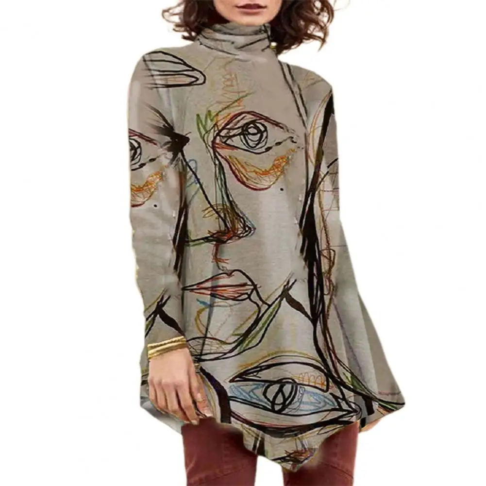 

Women Sexy Turtleneck Top Abstract Face Pattern Long Sleeve T shirt for Women Autumn Loose T shirt Pullovers femme t-shirts
