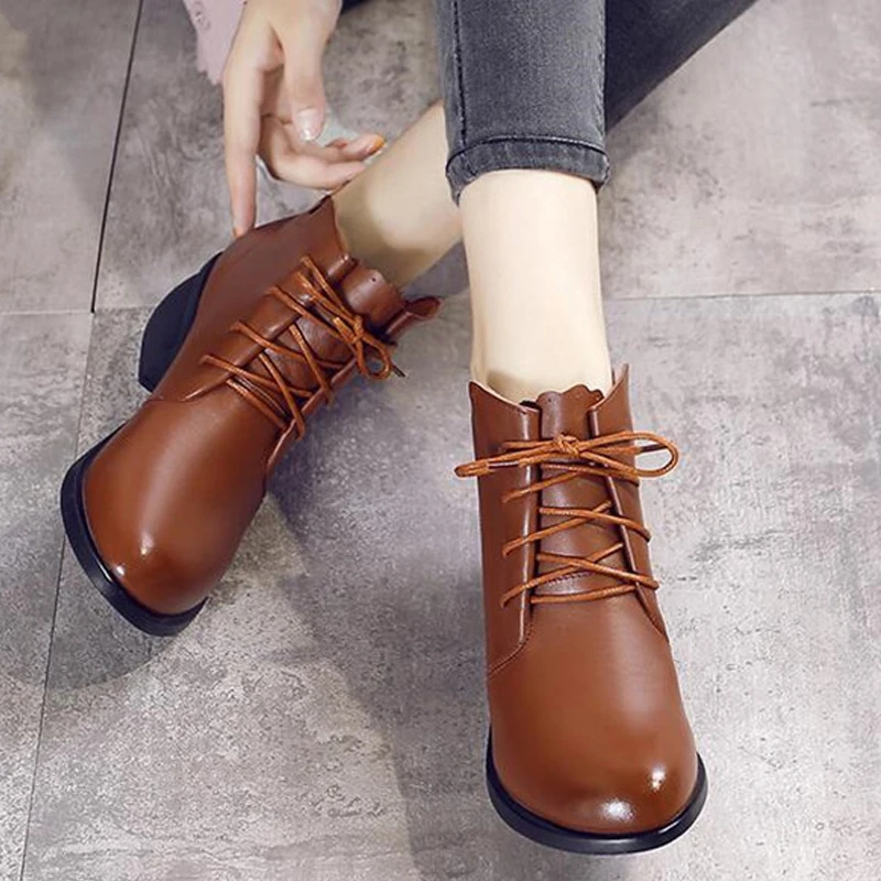 

YAERNI Women Ankle Boots Genuine Leather Full Grain Lace Up High Heel Round Toe Supper Quality Woman New Fashion Shoes