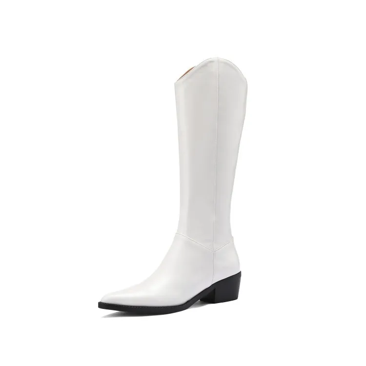 

Fashion boots autumn and winter 2020 casual versatile high tube boots top layer leather pointed thick middle heel side zipper