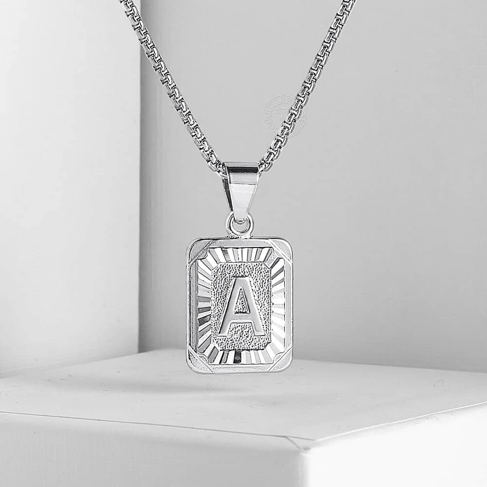 Купи Silver Color Square Initial Letter Necklace for Men Women A- Z 26 Alphabet Charm Stainless Steel Box Chain 18-22 inch GPM11 за 145 рублей в магазине AliExpress