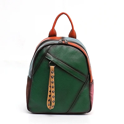 GREEN SC красочный школьный рюкзак для женщин из коровьей кожи, модные Лоскутные рюкзаки для девочек-подростков, женская сумка на плечо, Женский ранец - Цвет: GREEN