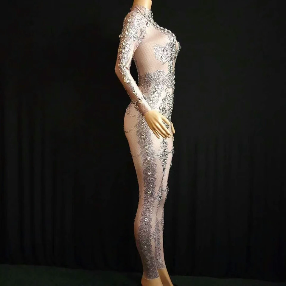 Женский комбинезон с блестящими стразами роскошный костюм для певицы