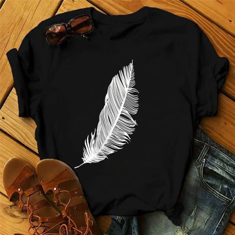 

2021 Women Casual Harajuku Fashion T-shirt Feather Print Loose O-neck Short Sleeve Elastic Stretched Summer Home New Tee Shirt