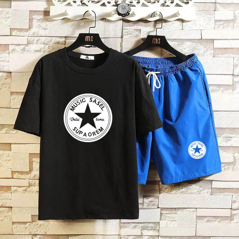 

Summer short sleeve suit pant suit men's Korean fashion Half Sleeve T-Shirt Large casual shorts + T-shirt two piece suit