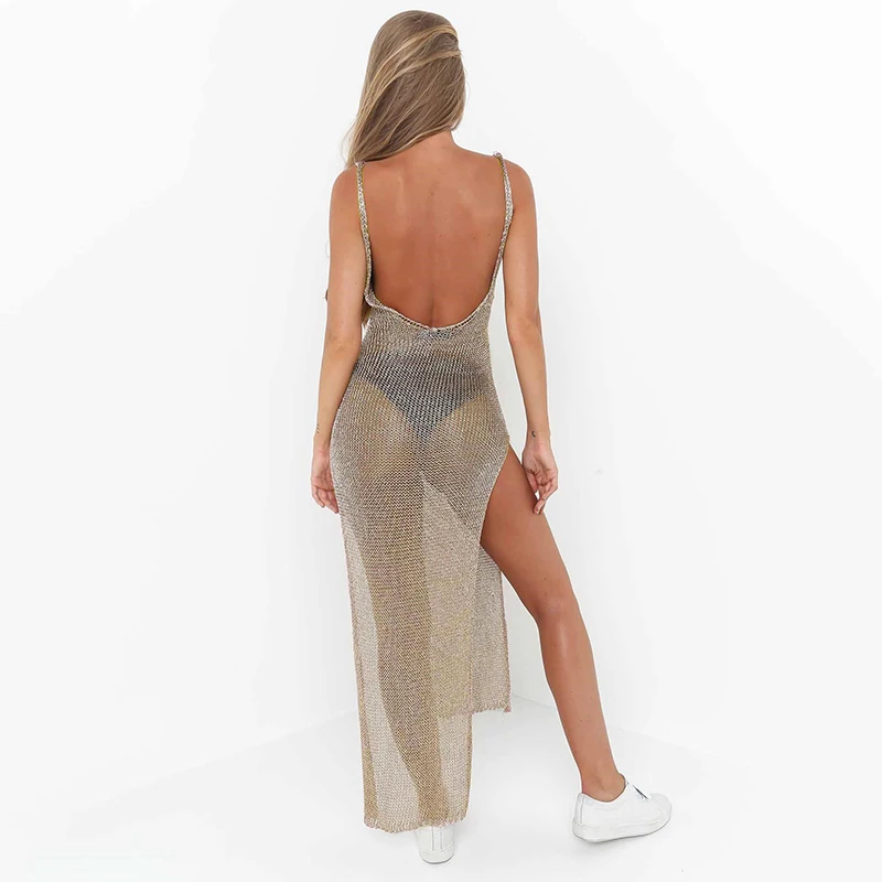 

Transparent Beachwear Dress Sexy Mesh Sundresses Elegant Female Swimsuit Bohemian Dress with Side Slit See Trough Clothes 2021