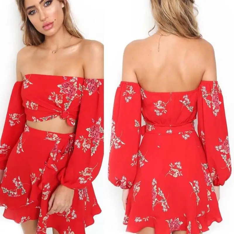 

Fashion Cute Party Women Off Shoulder Floral Print Lantern Sleeve Slash Neck Tops Ruffles Dress Outfit Summer