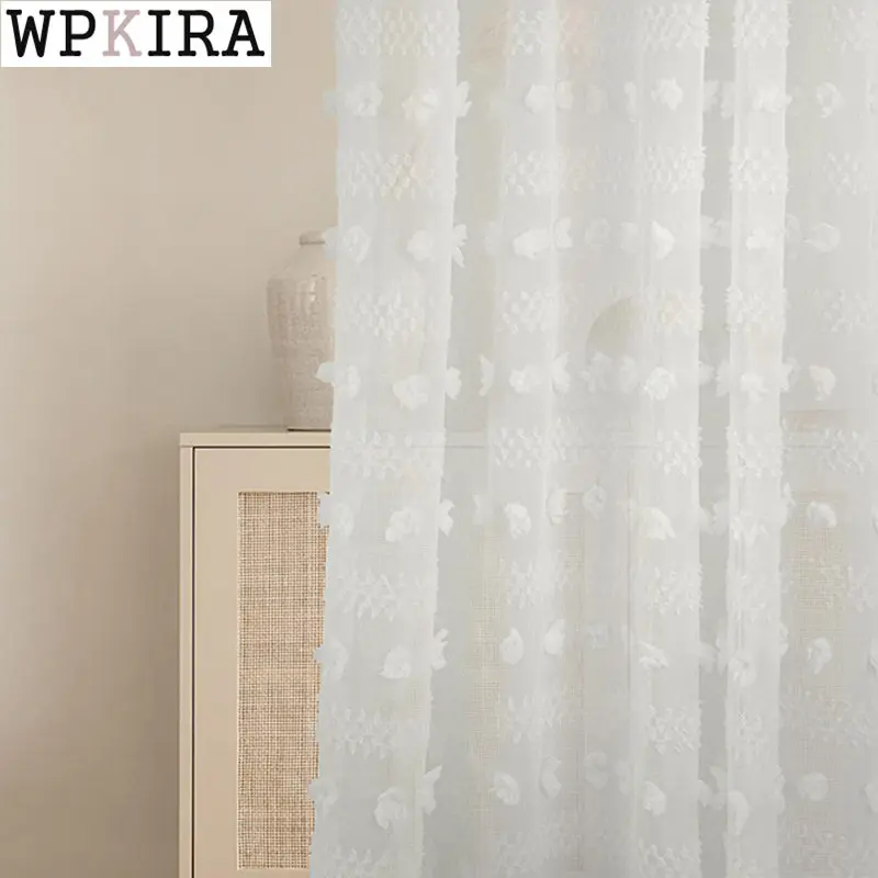 

French Luxury White Sheer Curtains for Living Room Hairball Pattern Bay Windows Tulle Drape Kitchen Balcony Blinds S111#E