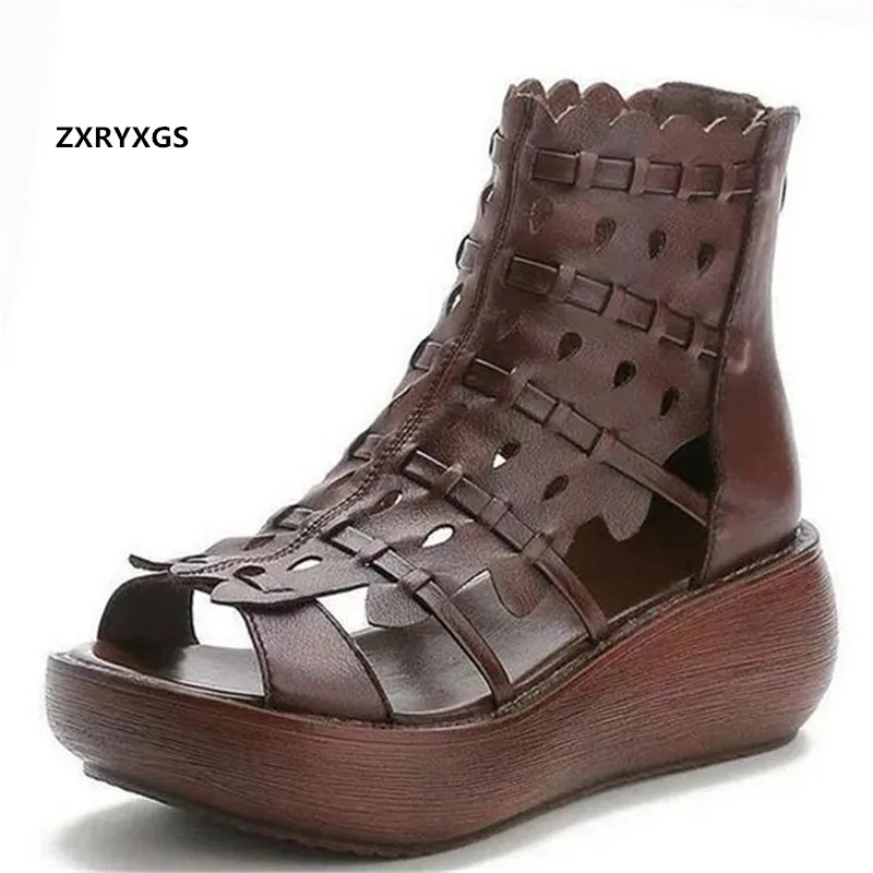 

Promotion 2021 New Summer Roman Sandals Open Toe Genuine Leather Hollow Sandals Thick Bottom Wedges Heighten Shoes Woman Sandals