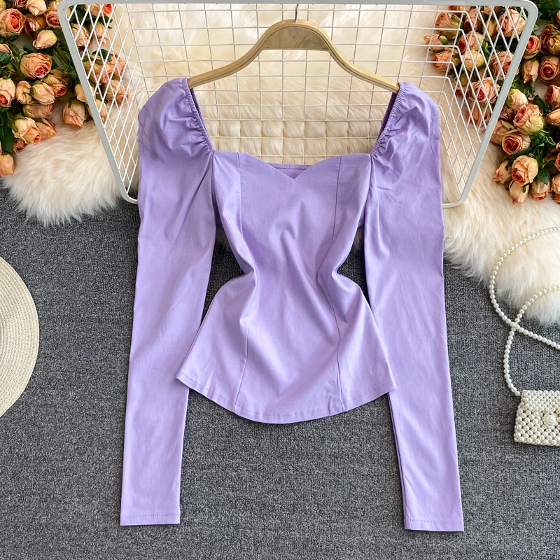 

Осенняя приталенная рубашка с высокой талией и рукавами-фонариками, женская блузка с длинным рукавом, короткая облегающая винтажная рубашк...