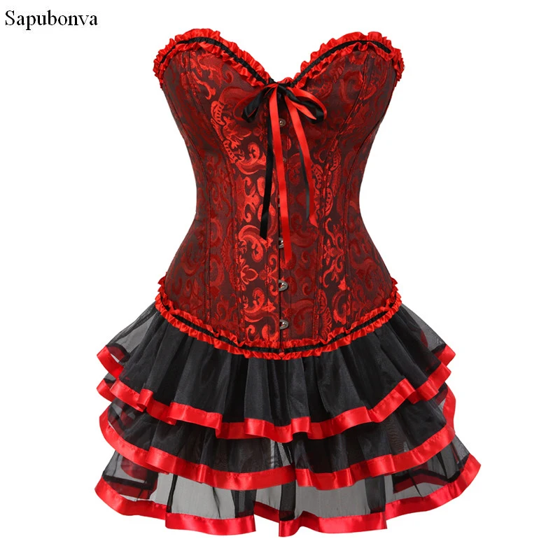 

Sapubonva women corset dresses halloween costumes corsets bustier dress with skirt set mini tutu skirt overbust plus size red