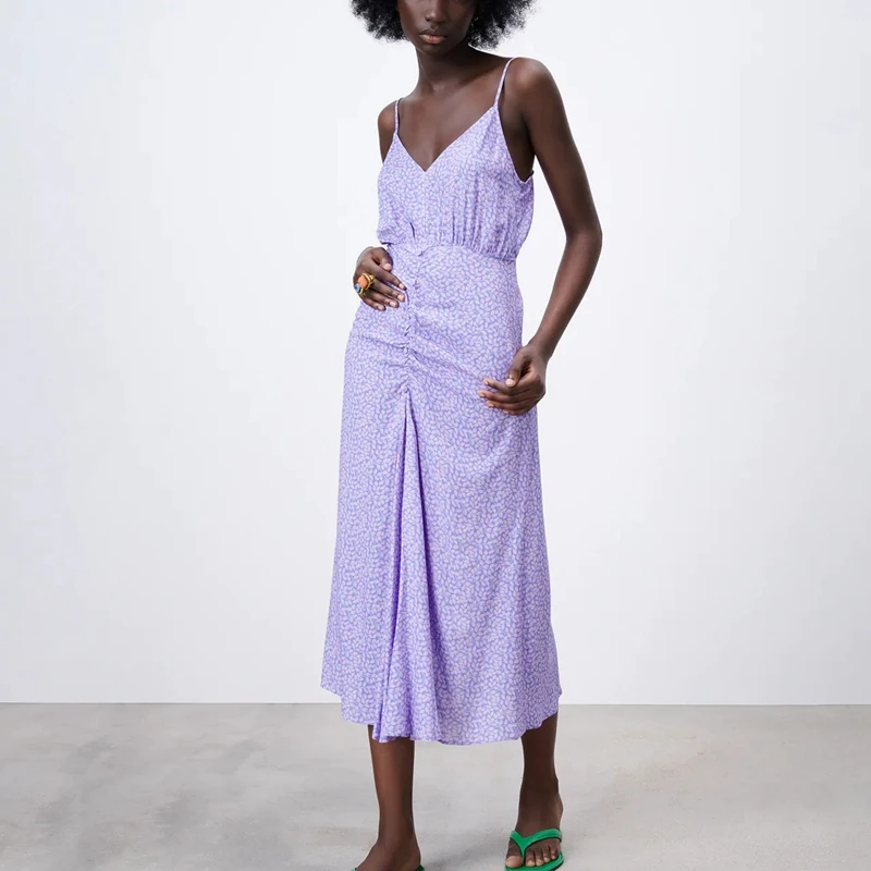 

Women Summer Spaghetti Strap Floral Dresses V neck Pleated Backless Vacation Dress Beach