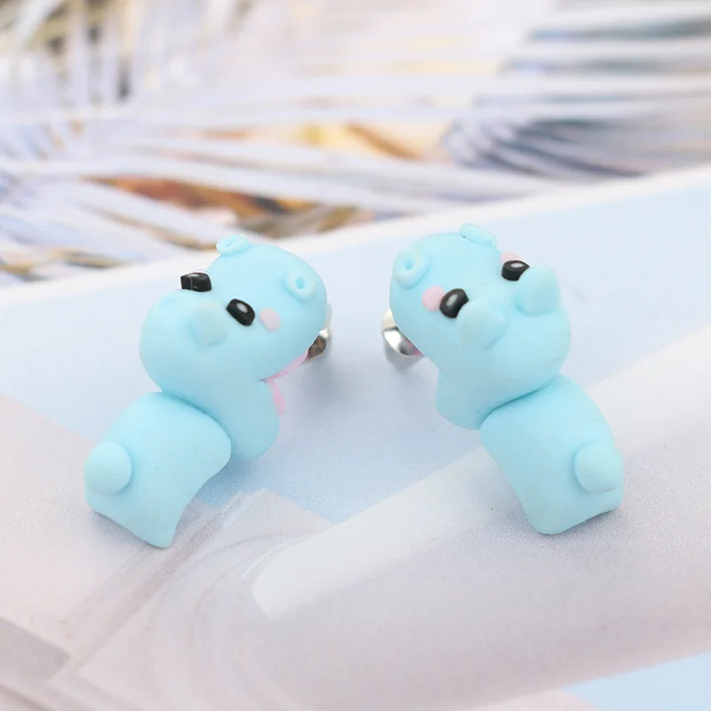 Серьги ручной работы из мягкой керамики стерео животные уникальный дизайн синие