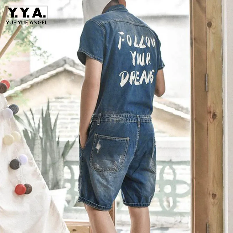 Мужские джинсовые комбинезоны с коротким рукавом летние цельные однобортные для