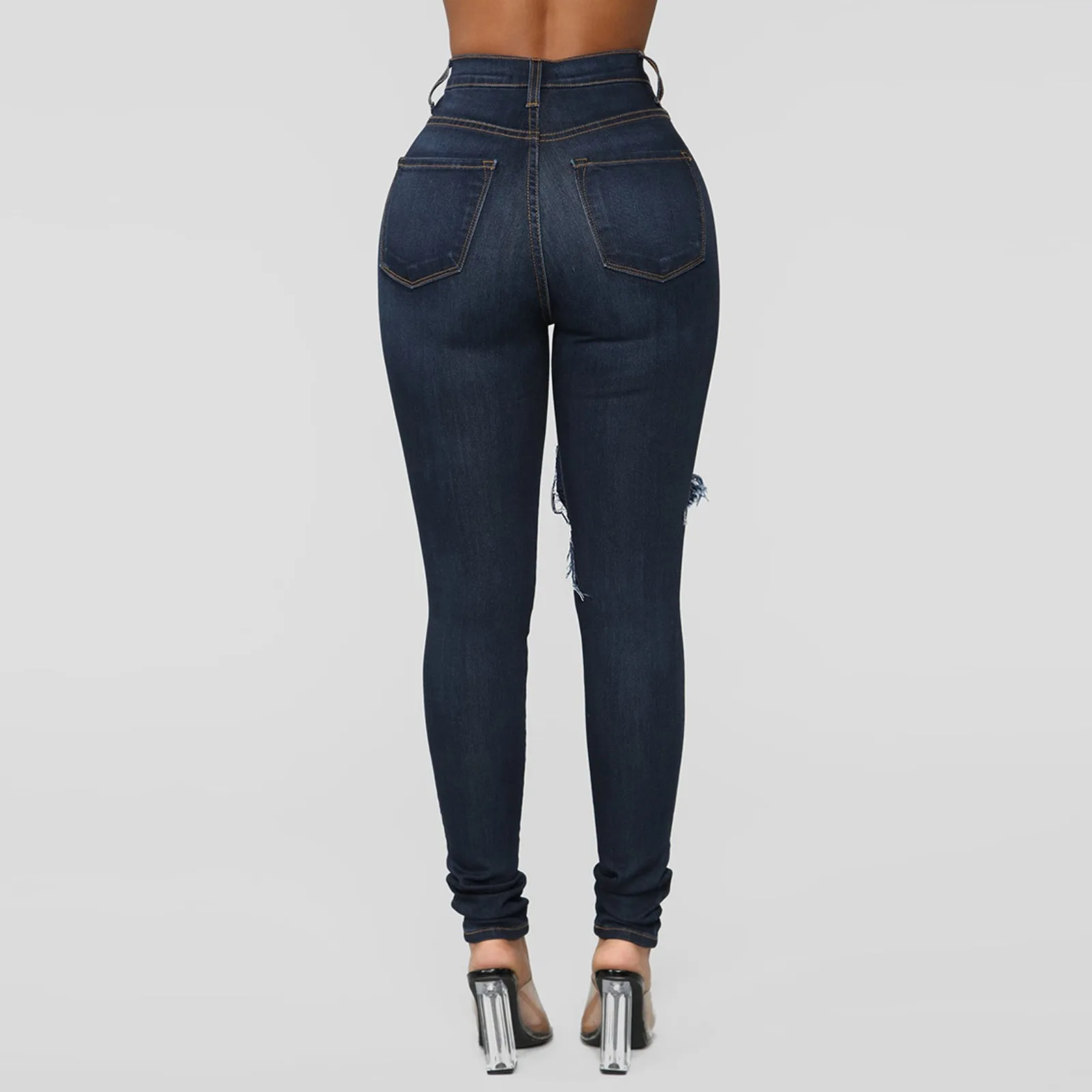 

Denim Blue High Wasit Pants 2021 Women Clothing Streetwear Jeans Fashion Skinny Pockets Single-breasted Trousers Hole Washed