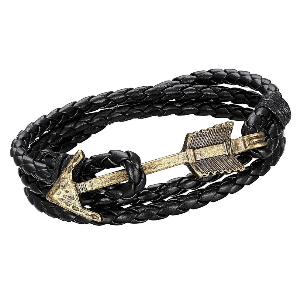 

2016 nueva llegada de cuero con encanto multicapa Vintage pulsera de flecha de bronce pulsera de ancla para hombres y mujeres re