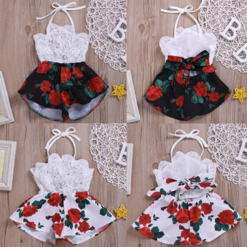 0-3Y Summer Outfits Newborn Toddler Baby Girls Halter Neck Floral Lace Flower Printed Wide Leg Shorts Rompers Playsuits | Детская одежда