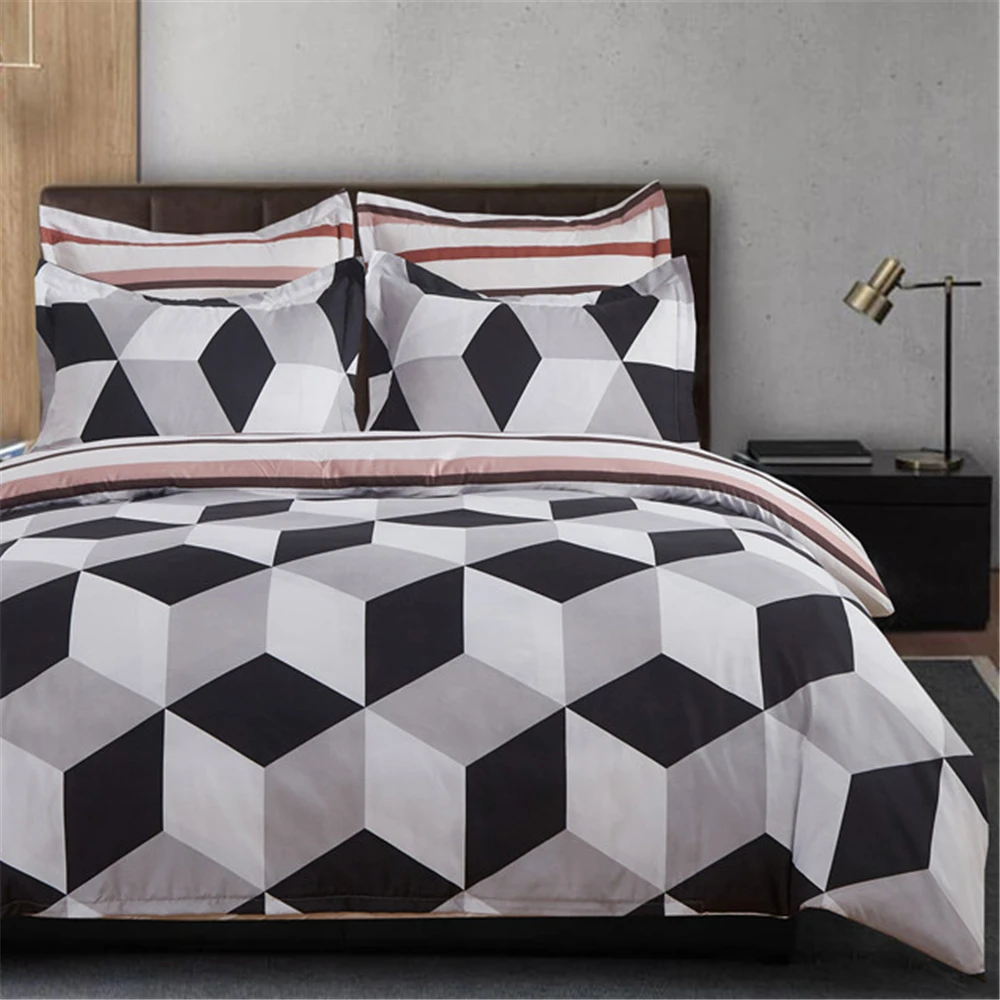 

2/3pcs Polyester Black And White Bedding Sets With Pillowcase Simple Stripe Geometric Rhombus Bed cover King Size For Bedroom